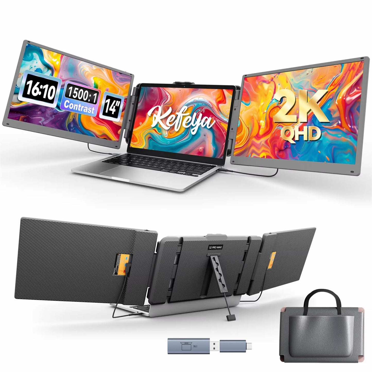 KEFEYA Laptop Screen Extender, 14.2" Portable Triple Monitor for Laptop with Full HD IPS FHD Display, Monitor Extender Compatible with Mac, Windows, Chrome, Fits 13-17 Inch Laptops Summerwins Computer Accessory,Summerwins