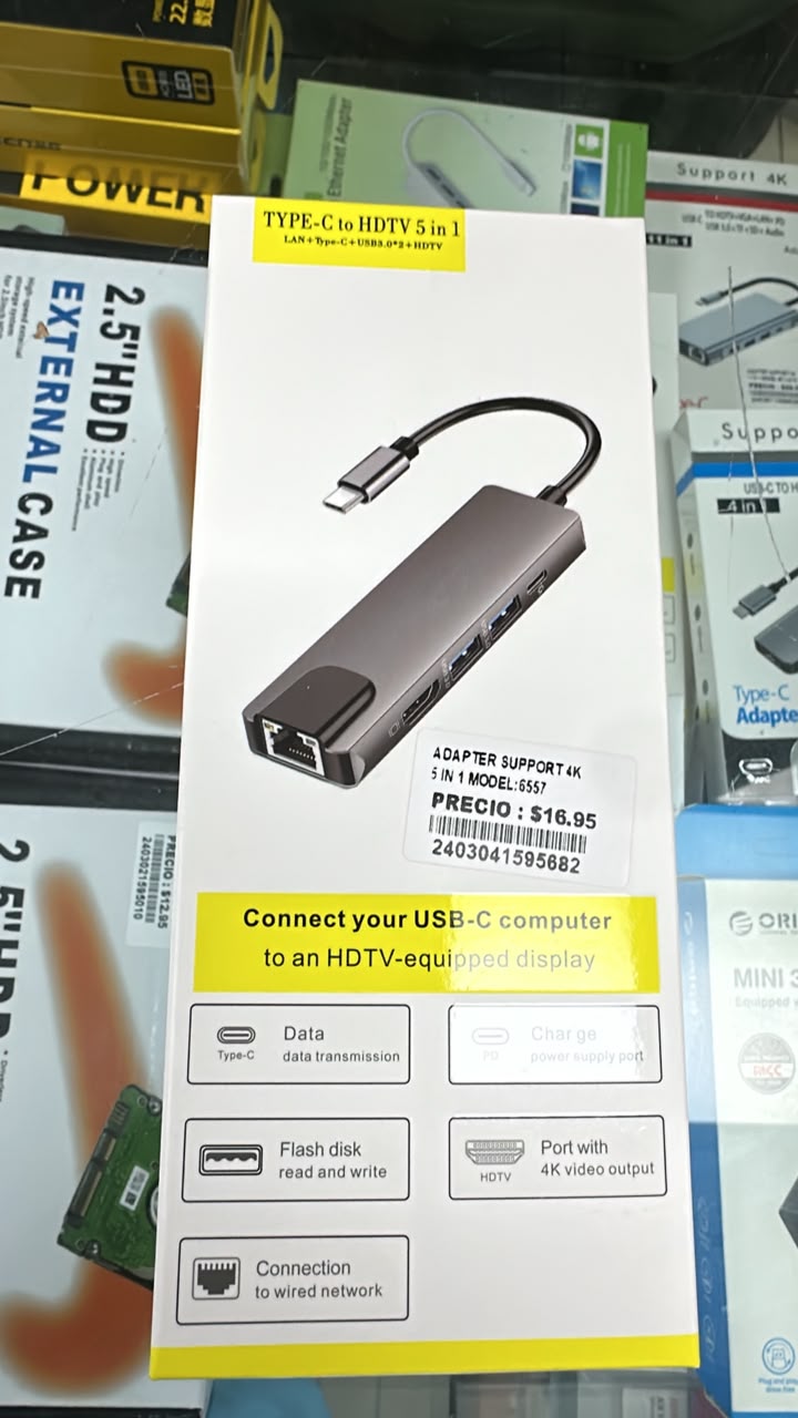 Hub USB-C 5 en 1 con HDMI 4K — LAN + USB 3.0 x2 + Carga + HDTV | Adaptador para MacBook y Laptop