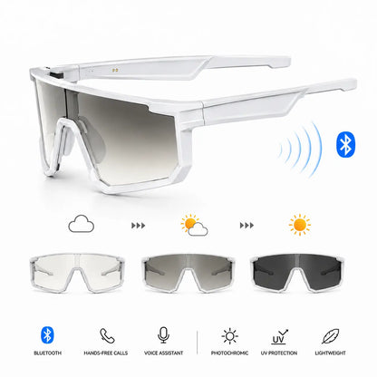 Photochromic Polarized Bluetooth Safety Glasses, Photochromic UV400 Lens, Dustproof and Waterproof, Open-Ear Music, Hands-Free Calls, AI Translation Eyewear for Warehouse, Construction, Delivery and Outdoor Work