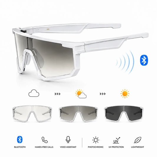 Photochromic Polarized Bluetooth Safety Glasses, Photochromic UV400 Lens, Dustproof and Waterproof, Open-Ear Music, Hands-Free Calls, AI Translation Eyewear for Warehouse, Construction, Delivery and Outdoor Work