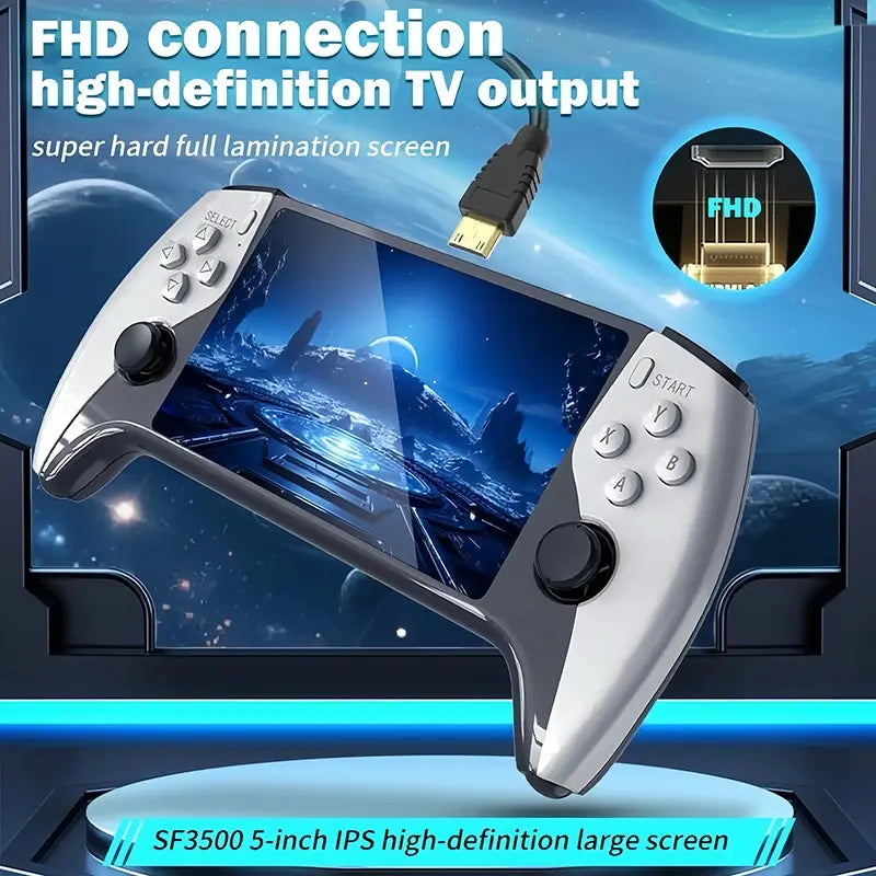 SF3500 Retro Handheld Game Console - Performance Upgrade: a Handheld Game Console Made for Gaming with a HD 5.5-Inch IPS Screen, Featuring Multiple Games, Classic Video Game Support for TV Connection, 14+ Emulators, and 5-Hour Battery Life.