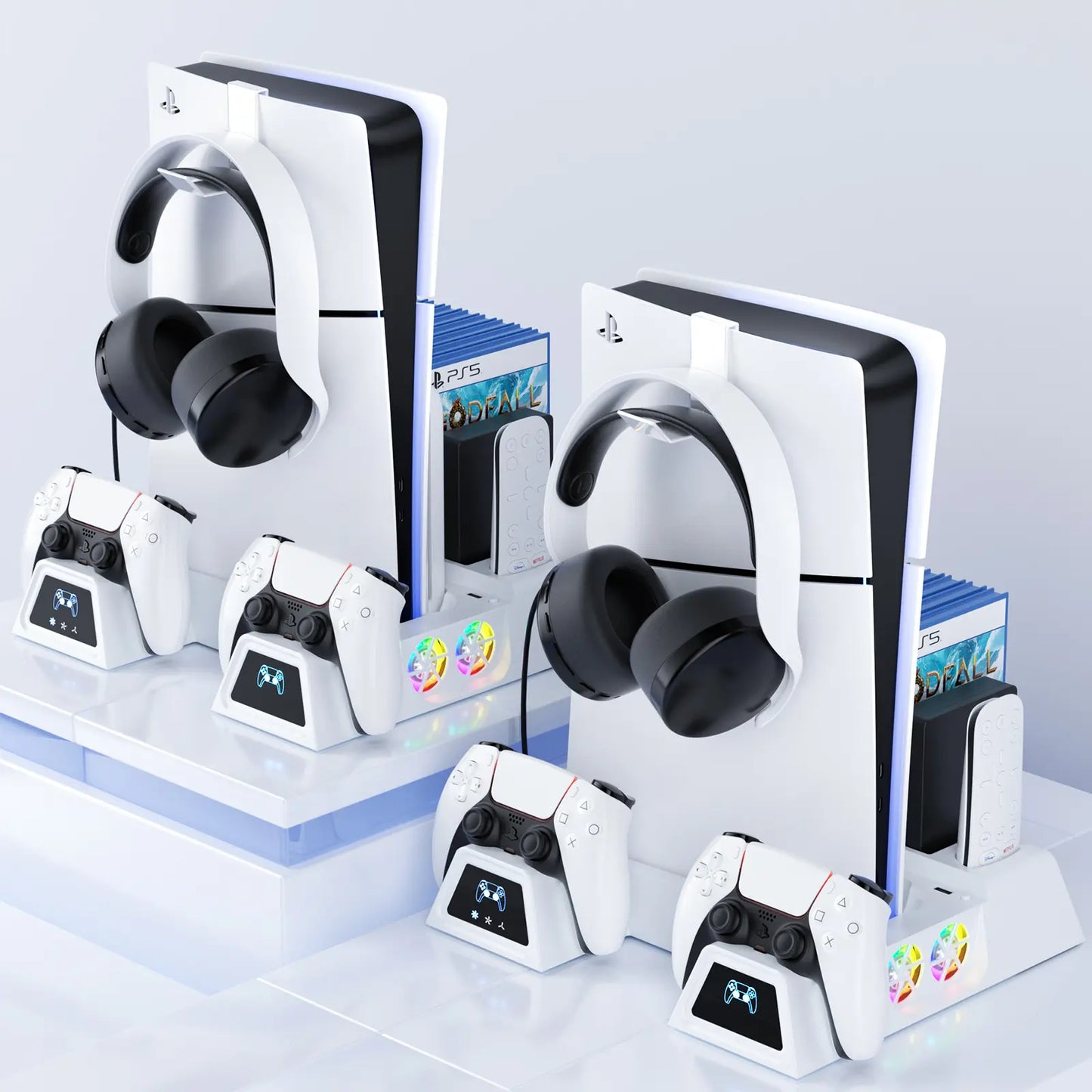 PS5 Controller Charging Dock & Cooling Stand — Stylish Vertical Gaming Accessory Featuring Integrated Cooling Fans, Dual Charging Capability, "Breathing" LED Lighting Effects, Broad Compatibility, and Game Console Stand Functionality