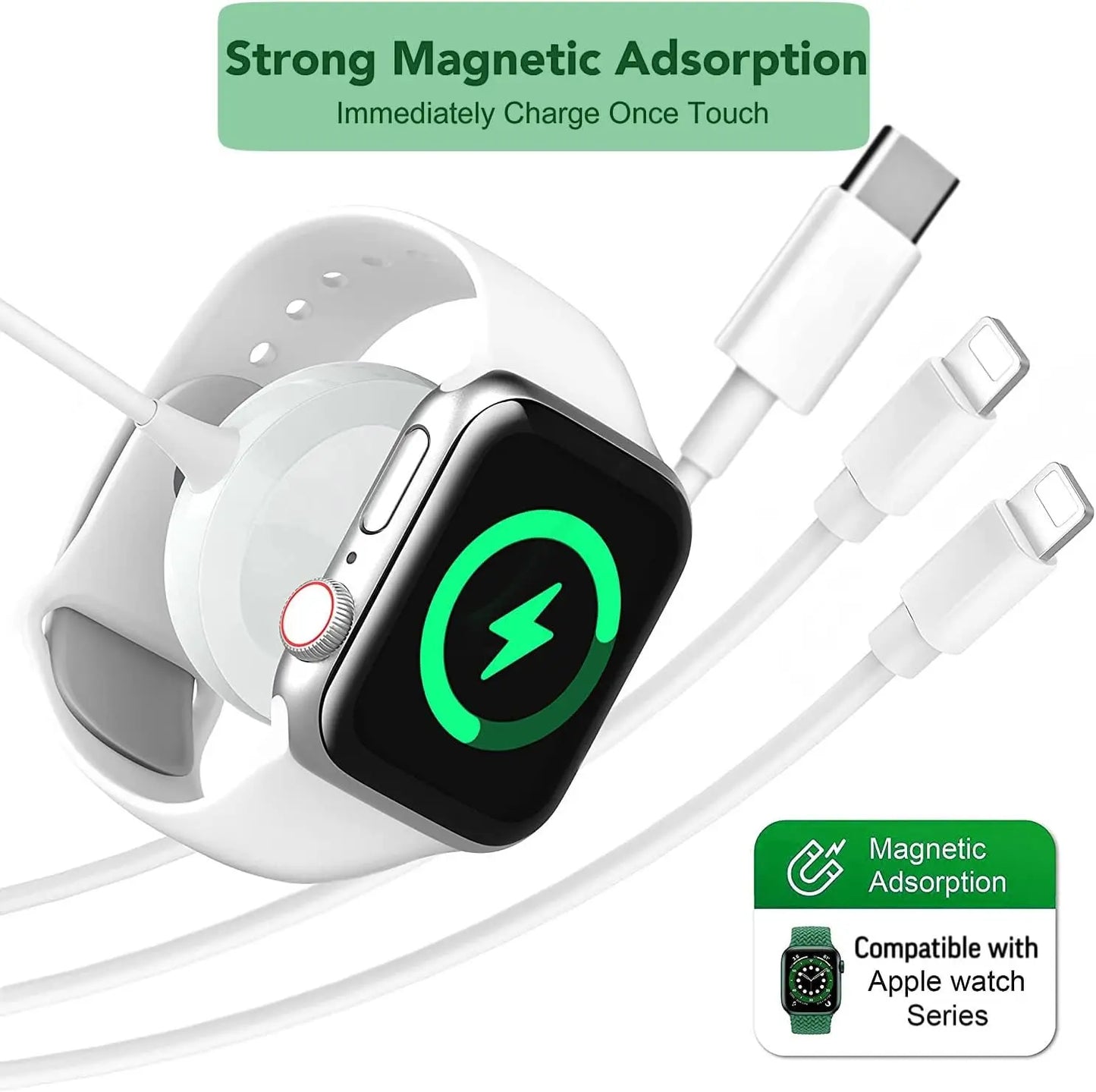 3-In-1 Magnetic USB-C Charging Cable for Phone & Watch Fast Charger with Wireless Watch Pad Compatible with Iphone Apple Watch Series 1-9 SE