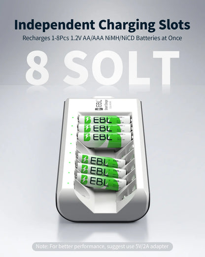 EBL AA AAA Rechargeable Batteries with Upgraded 808 Individual Charger, 1.2V 2800Mah Double a Batteries,Long Lasting Recharerble AA AAA Ni-Mh Battery with Integrated Charing Storage Box