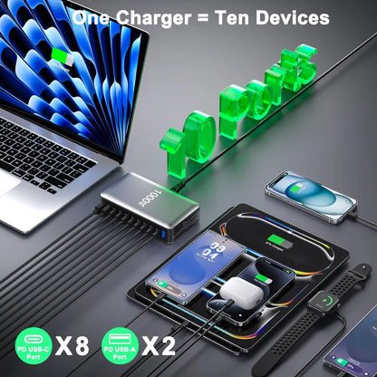 1000W USB C Charger Gan Fast USB C Charging Station Hub，10-Ports PD 140W Laptop Charging Adapter Compatible with Macbook Pro/Air,Iphone,Dell,Steam Deck,Galaxy,Google