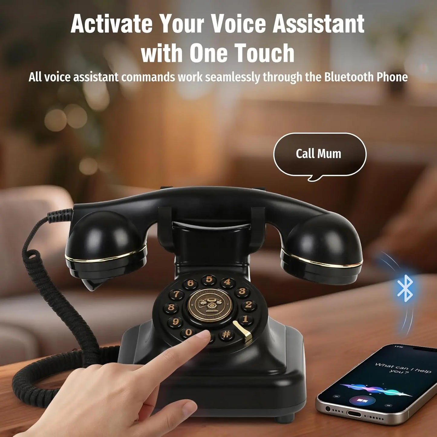 SANGYN Bluetooth Retro Landline Phone with Voice Assistant, Compatible with Android & Ios, Wireless Physical Home Telephone with Speakerphone & Volume Control, Black