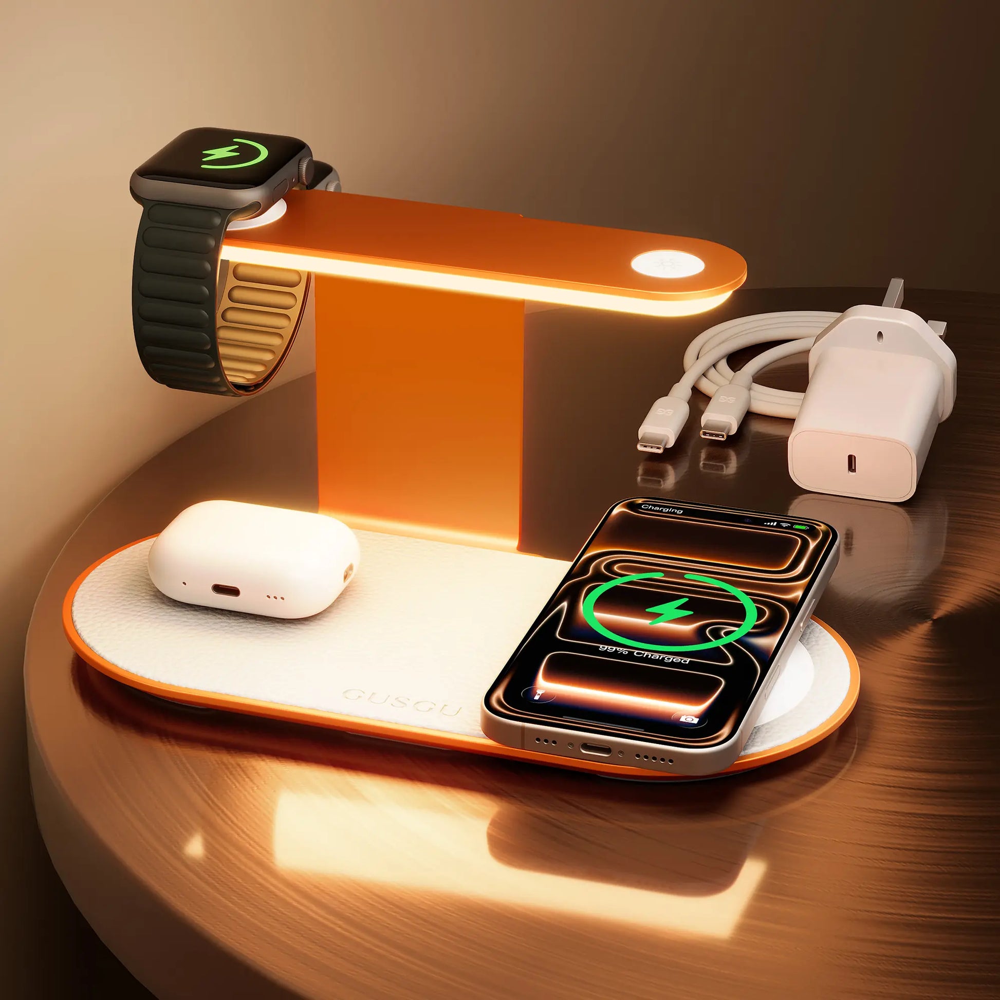 4-In-1 Wireless Charging Station with LED Night Light, Fast Wireless Charger Stand for Multiple Devices, Compatible with Iphone, Apple Watch, Airpods, All-In-One Charger Dock for Nightstand