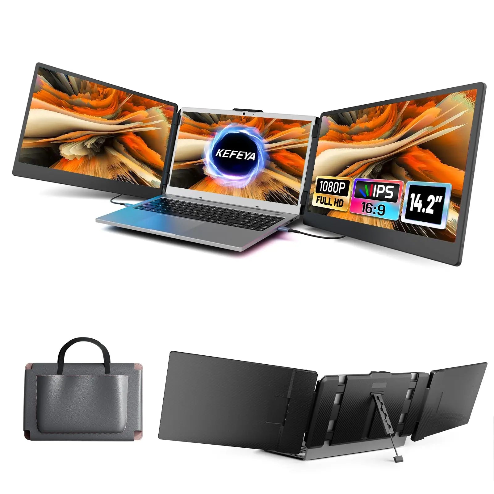 KEFEYA Laptop Screen Extender, 14.2" Portable Triple Monitor for Laptop with Full HD IPS FHD Display, Monitor Extender Compatible with Mac, Windows, Chrome, Fits 13-17 Inch Laptops Summerwins Computer Accessory,Summerwins