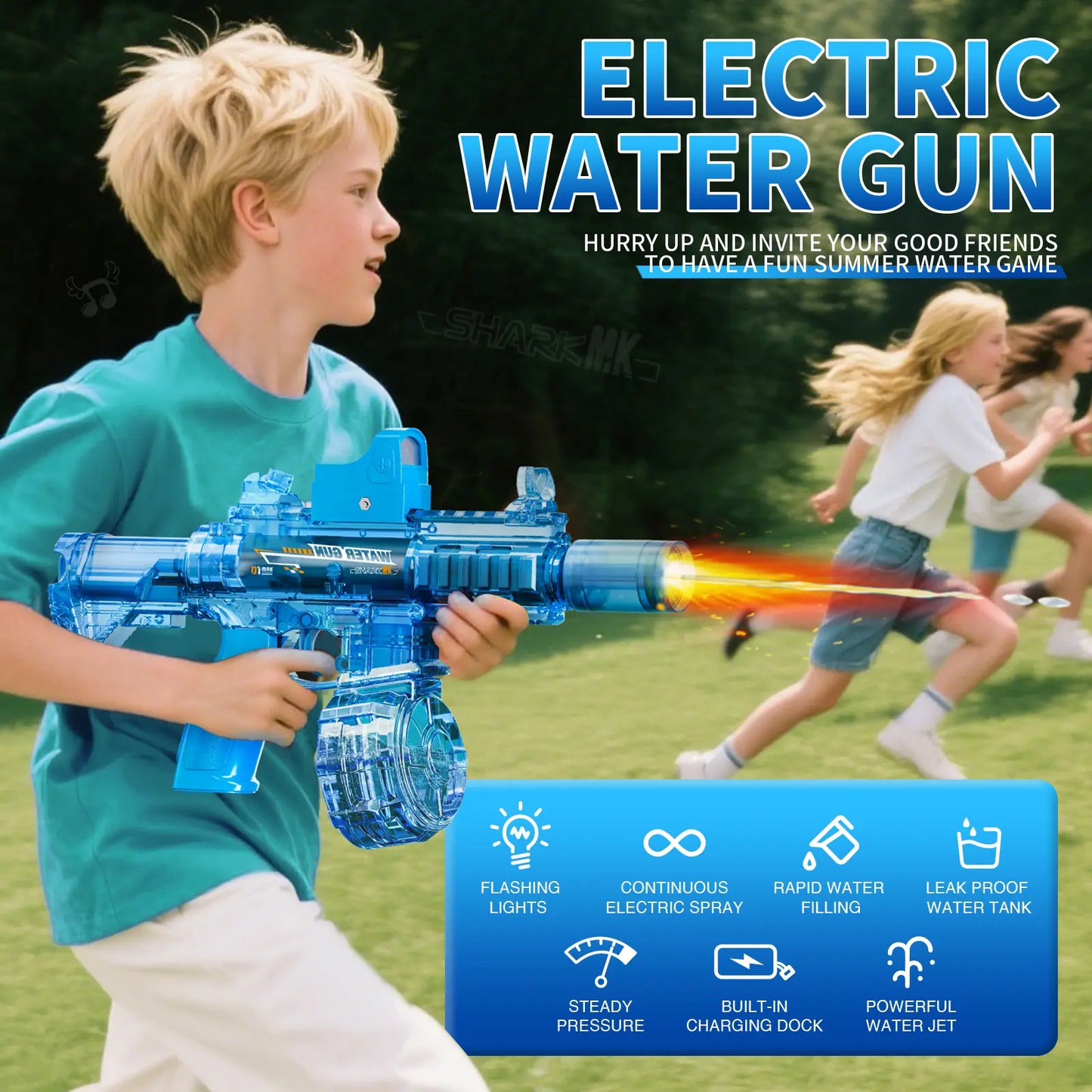#Summervibes Ultimate Battle Electric Water Gun, Automatic Powerful Water Blaster with LED Glowing Muzzle, 320Cc Large Capacity, 32FT Long Range, Summer Outdoor Shooting Toy for Kids & Adults Beach Pool Party