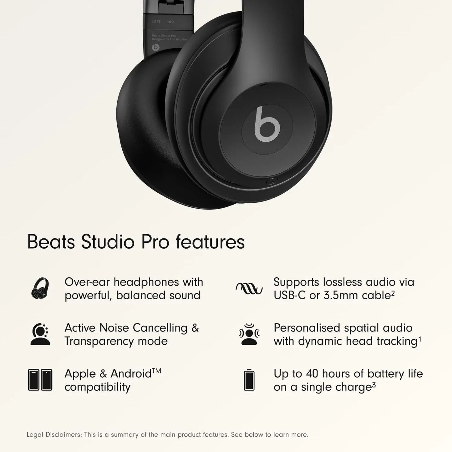 Beats Studio Pro - Premium Wireless Over-Ear Headphones- up to 40-Hour Battery Life, Active Noise Cancelling, USB-C Lossless Audio, Apple & Android Compatible - Black