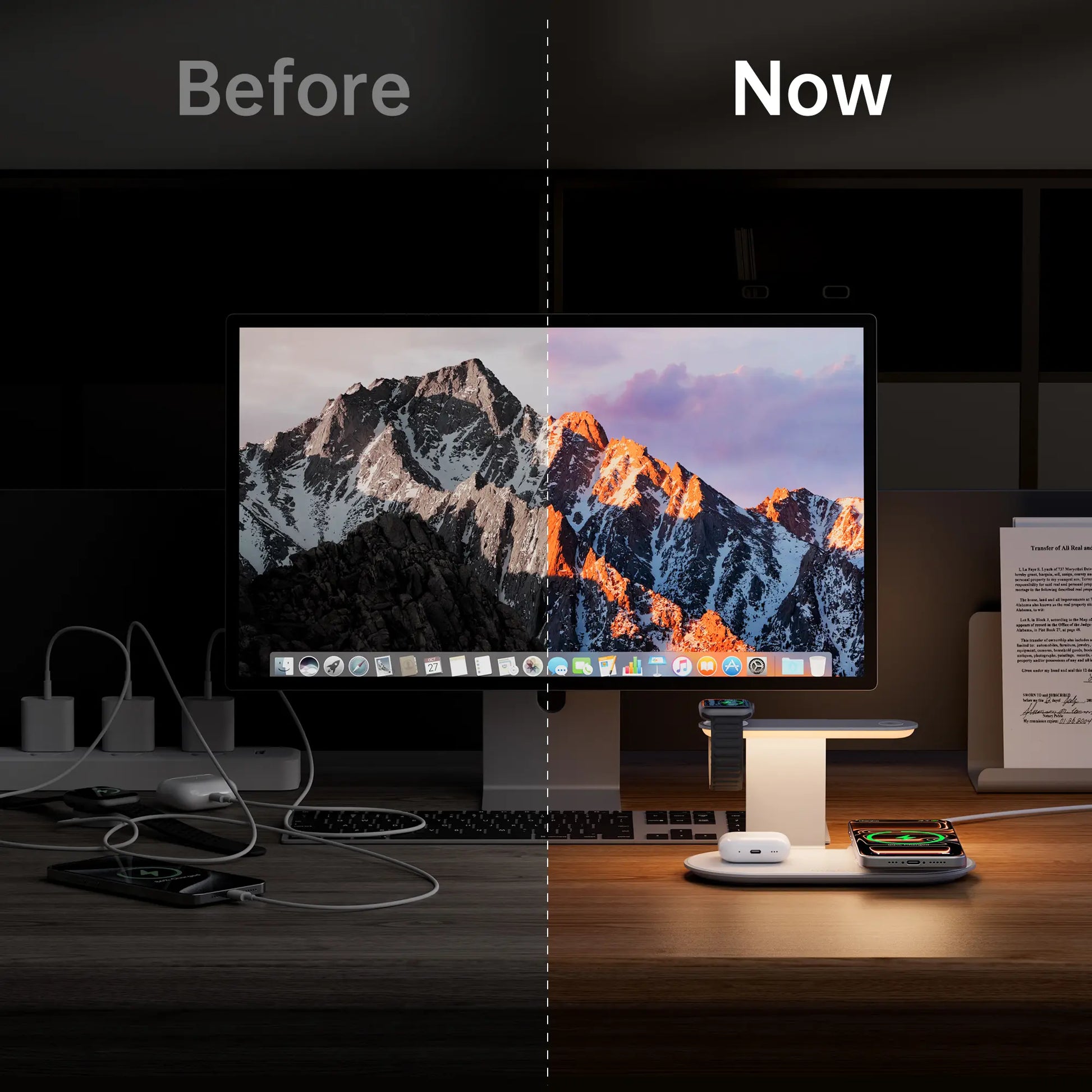 4-In-1 Wireless Charging Station with LED Night Light, Fast Wireless Charger Stand for Multiple Devices, Compatible with Iphone, Apple Watch, Airpods, All-In-One Charger Dock for Nightstand