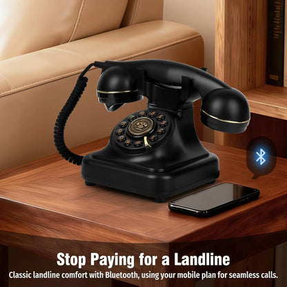 SANGYN Bluetooth Retro Landline Phone with Voice Assistant, Compatible with Android & Ios, Wireless Physical Home Telephone with Speakerphone & Volume Control, Black