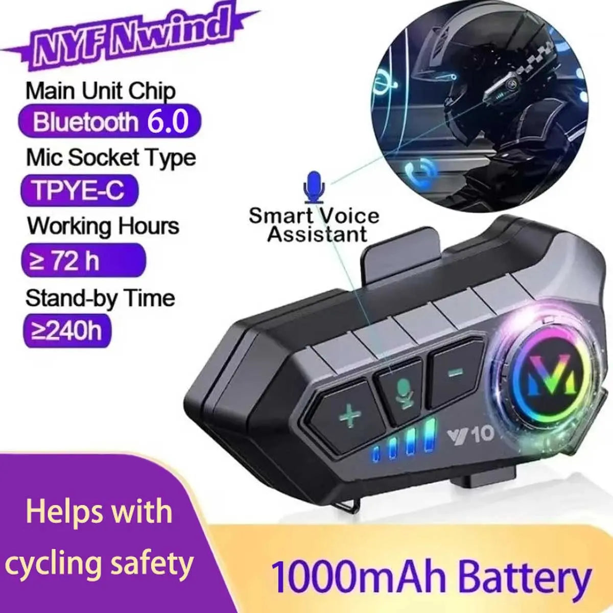 New Y10 Motorcycle Helmet Headphone, Motorcycle Accessory, Bluetooth-Compatible Voice Control, Waterproof, Rechargeable Battery, Long Lasting, Suitable for All Helmets