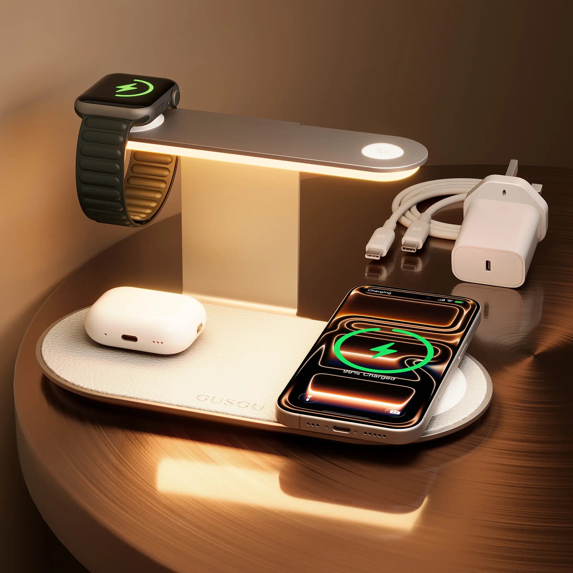4-In-1 Wireless Charging Station with LED Night Light, Fast Wireless Charger Stand for Multiple Devices, Compatible with Iphone, Apple Watch, Airpods, All-In-One Charger Dock for Nightstand