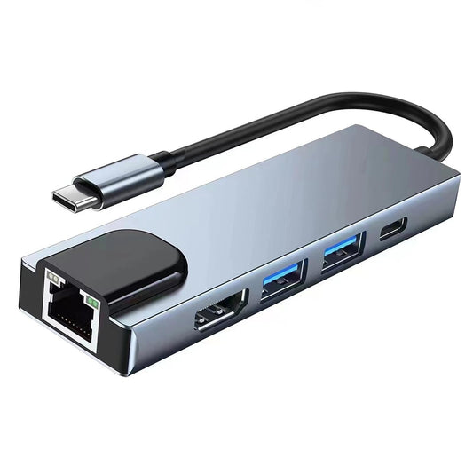 Hub USB-C 5 en 1 con HDMI 4K — LAN + USB 3.0 x2 + Carga + HDTV | Adaptador para MacBook y Laptop