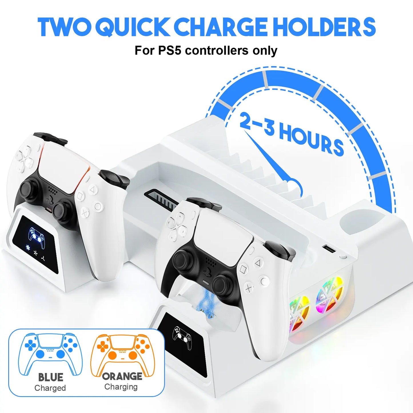 PS5 Controller Charging Dock & Cooling Stand — Stylish Vertical Gaming Accessory Featuring Integrated Cooling Fans, Dual Charging Capability, "Breathing" LED Lighting Effects, Broad Compatibility, and Game Console Stand Functionality