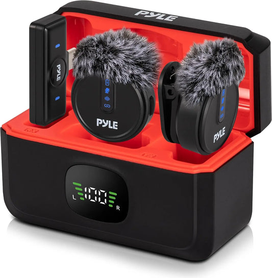 Pyle Wireless Lavalier Microphone System - USB Type-C Mobile Plug-And-Play Clip-On Mic with Noise-Canceling, Magnetic Mount, Charging Case, Windscreen for Outdoor Vlogging, Interviews