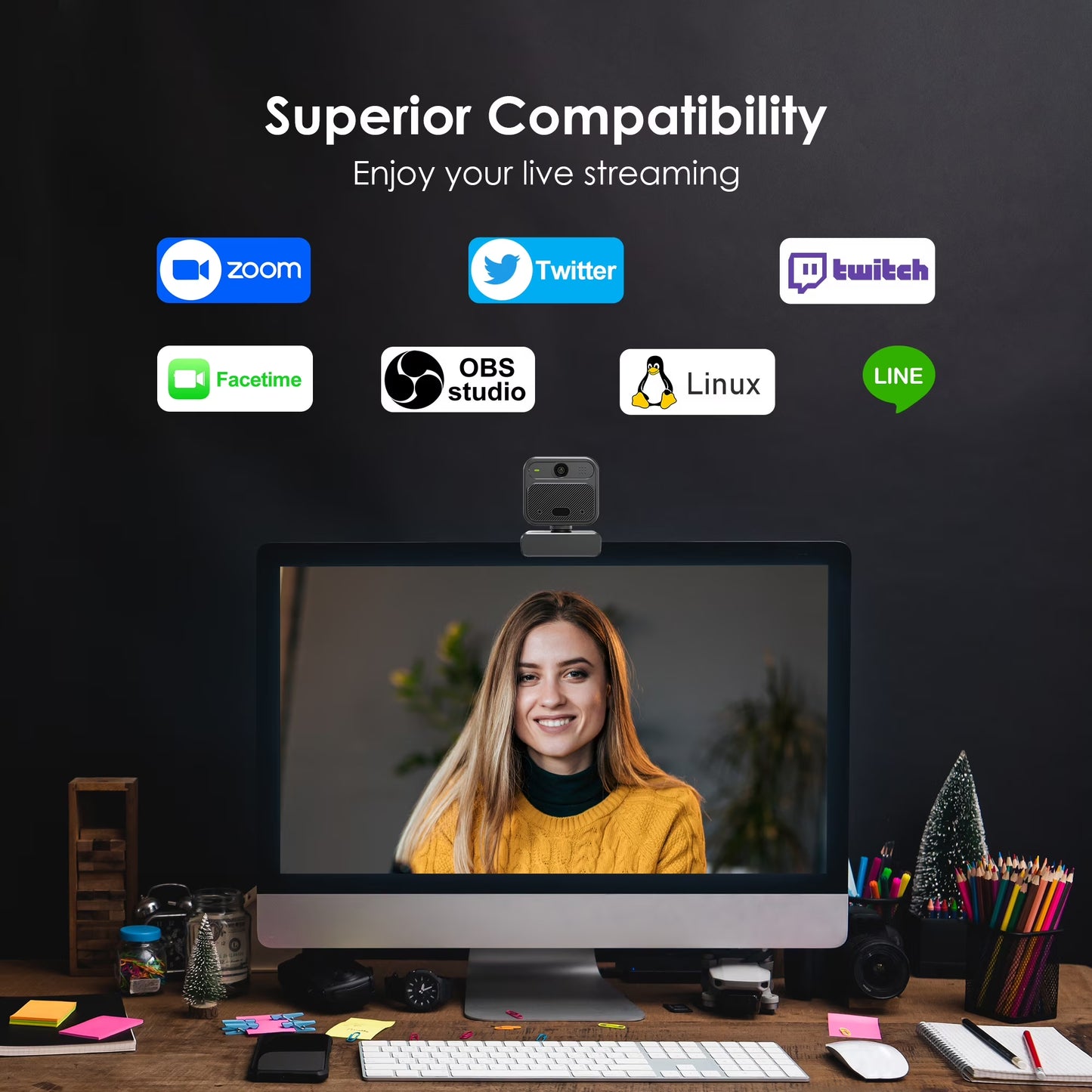 4K EPTZ Webcam with Zoom Remote, Privacy Cover, Tripod, Dual Microphones for Streaming & Conference