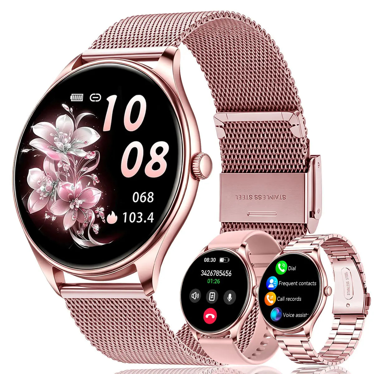 New Female Smartwatch, 1.53-Inch Full-Touchscreen Fitness Tracker, Capable of Answering Calls, Heart Rate and Blood Oxygen Monitor, IP68 Waterproof, Sleep and Activity Tracking Smartwatch, Compatible with Iphone and Android Phones, Fan