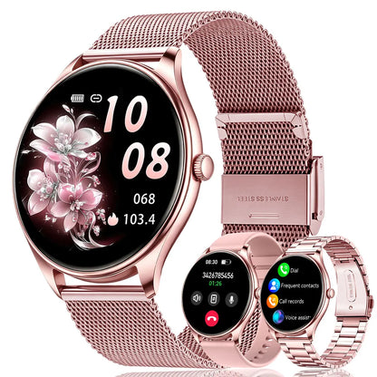 New Female Smartwatch, 1.53-Inch Full-Touchscreen Fitness Tracker, Capable of Answering Calls, Heart Rate and Blood Oxygen Monitor, IP68 Waterproof, Sleep and Activity Tracking Smartwatch, Compatible with Iphone and Android Phones, Fan
