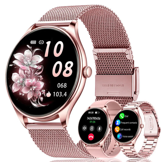 New Female Smartwatch, 1.53-Inch Full-Touchscreen Fitness Tracker, Capable of Answering Calls, Heart Rate and Blood Oxygen Monitor, IP68 Waterproof, Sleep and Activity Tracking Smartwatch, Compatible with Iphone and Android Phones, Fan