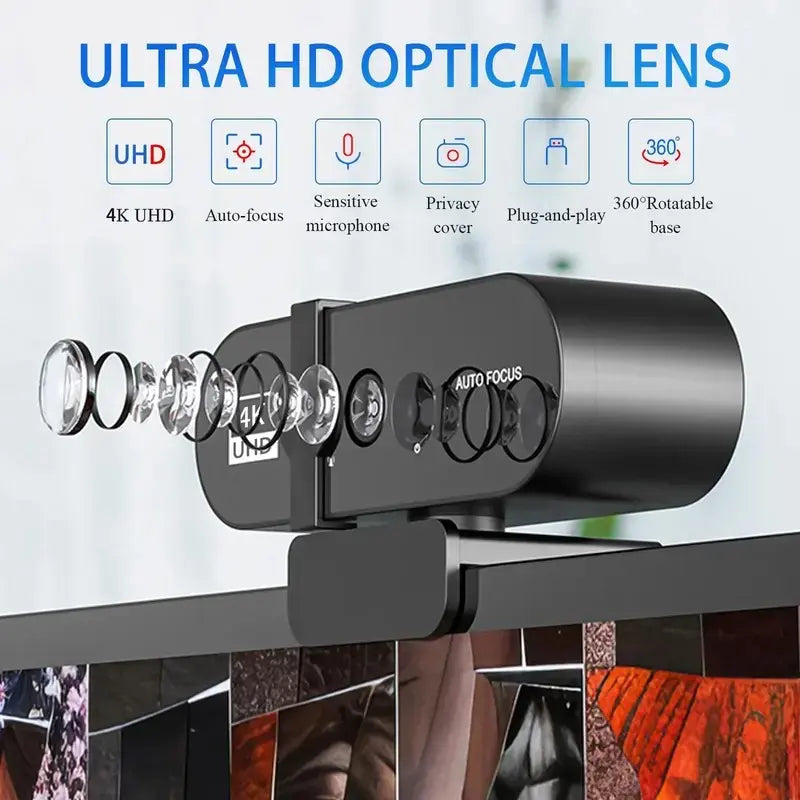 4K/1080P Network Camera with Privacy Cover, Auto Focus, Automatic Exposure, USB Webcam, 360° Rotating Universal Compatibility