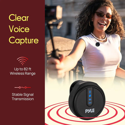 Pyle Wireless Lavalier Microphone System - USB Type-C Mobile Plug-And-Play Clip-On Mic with Noise-Canceling, Magnetic Mount, Charging Case, Windscreen for Outdoor Vlogging, Interviews