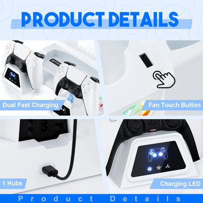 PS5 Controller Charging Dock & Cooling Stand — Stylish Vertical Gaming Accessory Featuring Integrated Cooling Fans, Dual Charging Capability, "Breathing" LED Lighting Effects, Broad Compatibility, and Game Console Stand Functionality