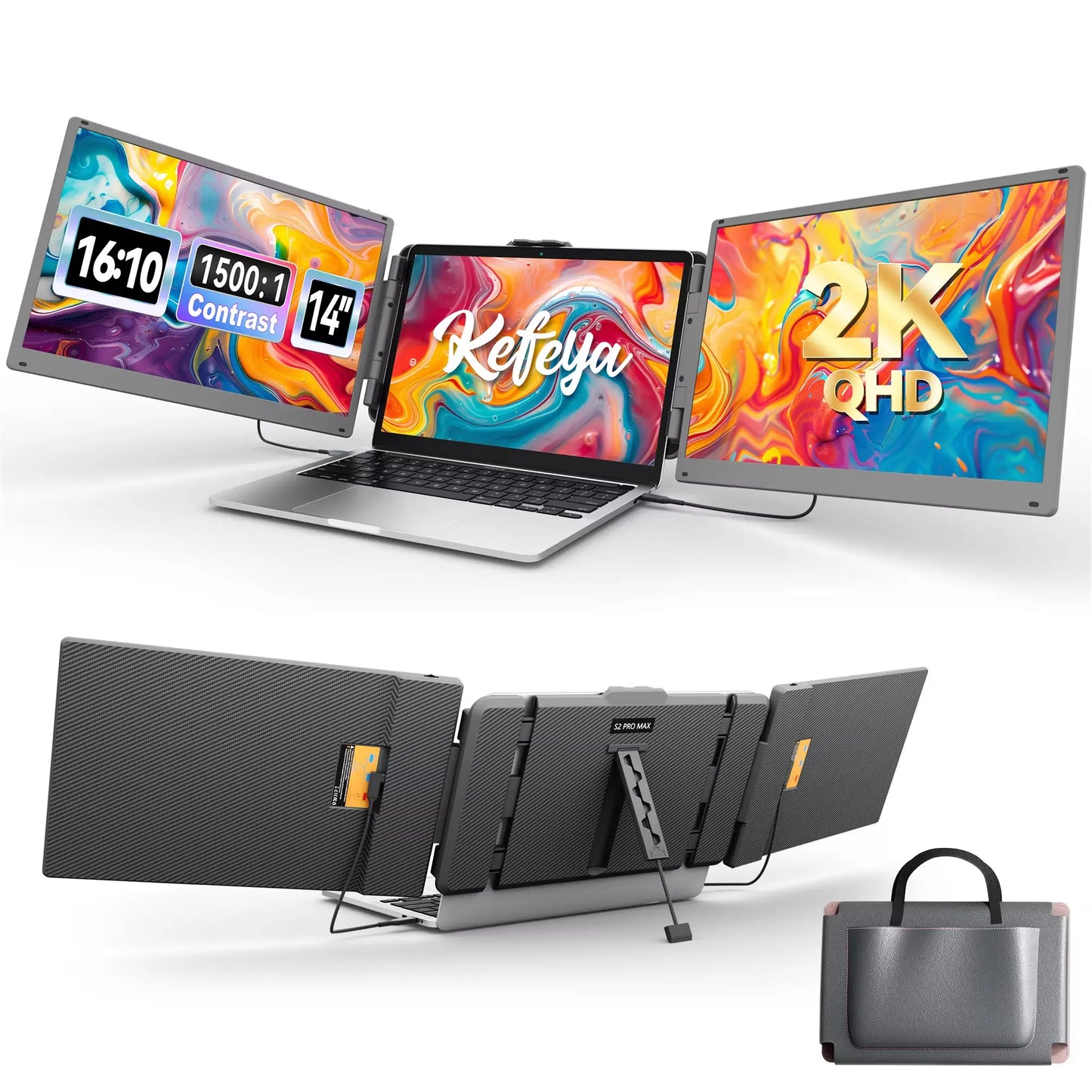 KEFEYA Laptop Screen Extender, 14.2" Portable Triple Monitor for Laptop with Full HD IPS FHD Display, Monitor Extender Compatible with Mac, Windows, Chrome, Fits 13-17 Inch Laptops Summerwins Computer Accessory,Summerwins