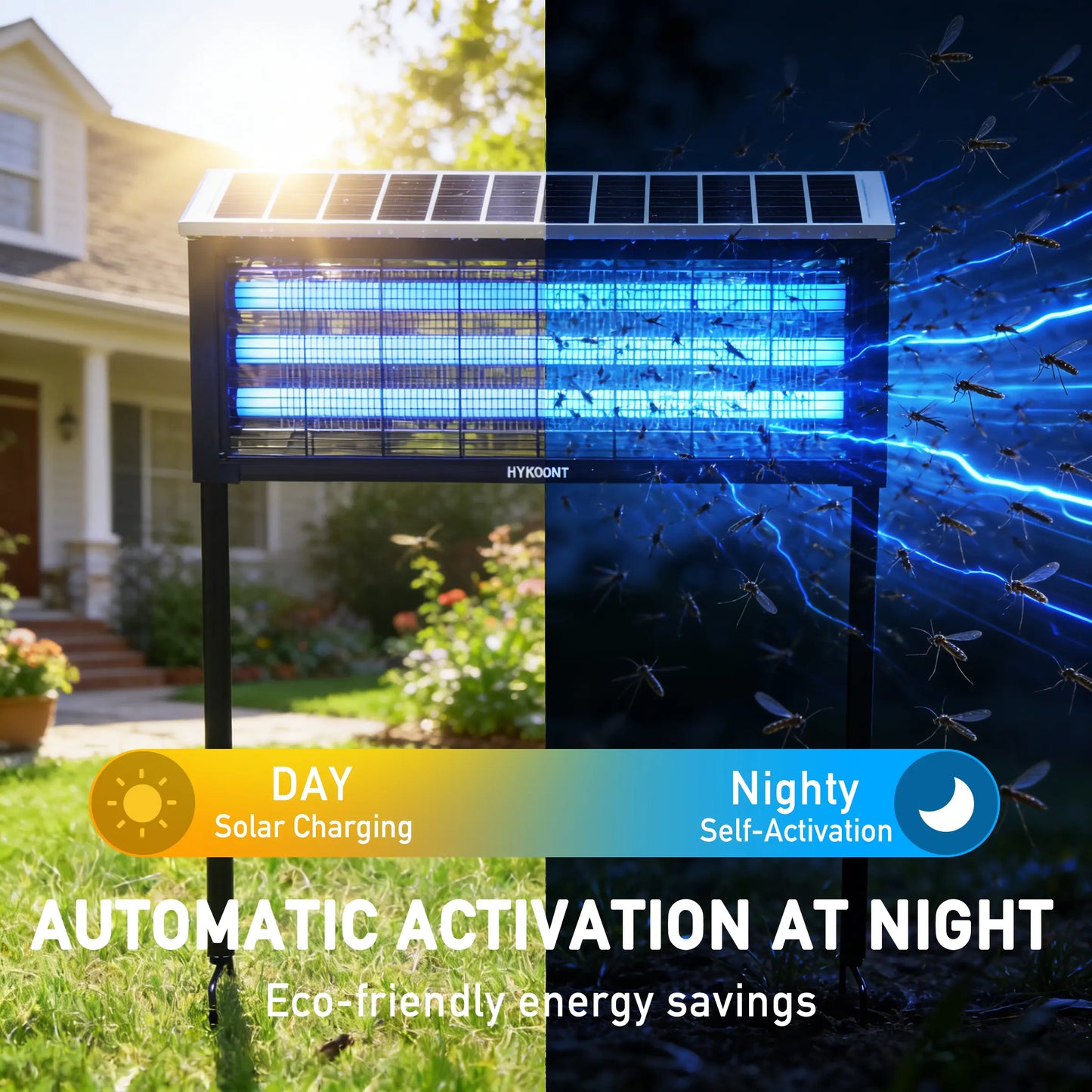 HYKOONT Solar LED Bug Zapper Light, 18W/30W Triple Tube 3500V Dusk-To-Dawn Electronic Mosquito Killer with Efficient UV-C Technology for Mosquitoes, Flies, Gnats