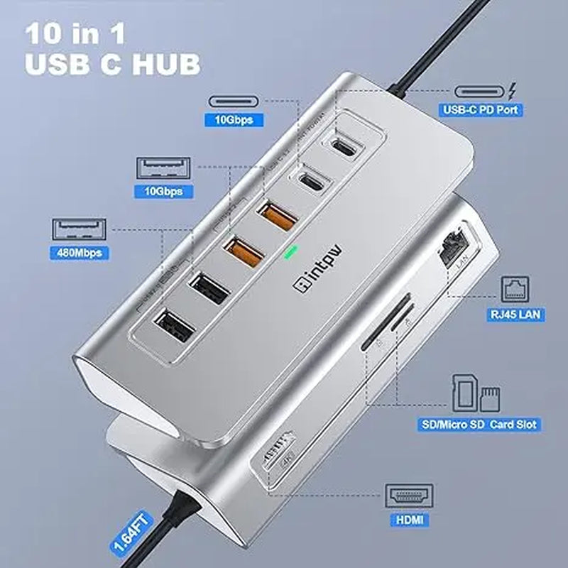 Intpw P9R PRO 10-In-1 USB C Docking Station 10Gbps 4K@60Hz HDMI Ethernet 100W PD SD TF for Laptop Iphone 17 Mac