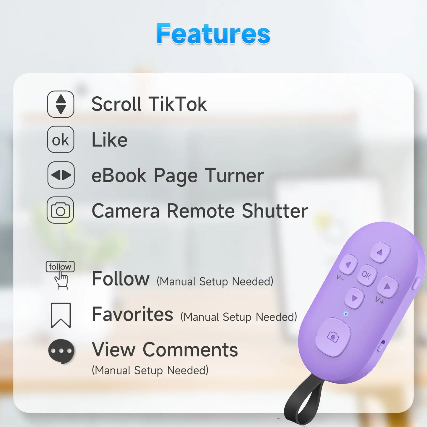 SEANCHEER R1 Tiktok Scrolling Remote Control for Phone, Page Turner for Kindle App, Camera Shutter Controller for Photo and Video, Connect via Bluetooth, USB-C Charging