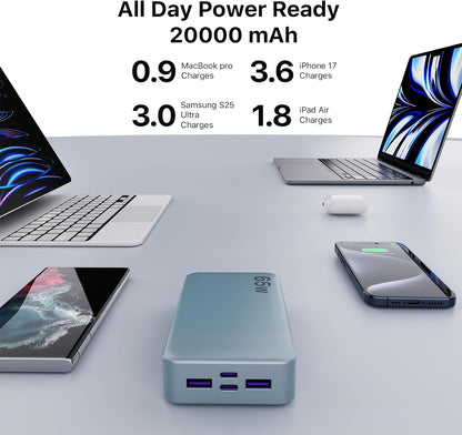 65W 20000mAh Portable Power Bank with Fast Charging, Dual USB-C and USB-A Ports, Digital Display, Ideal for Laptops, Tablets, and Smartphones