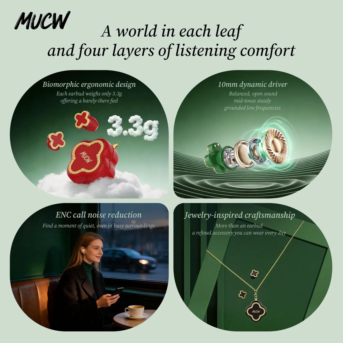 MUCW Four-Leaf Clover Wireless In-Ear Earbuds Bluetooth 6.0 Noise Reduction for Calls Long Battery Life Compatible with Android and Ios Ideal Gift for Girls Designed Specifically for Women