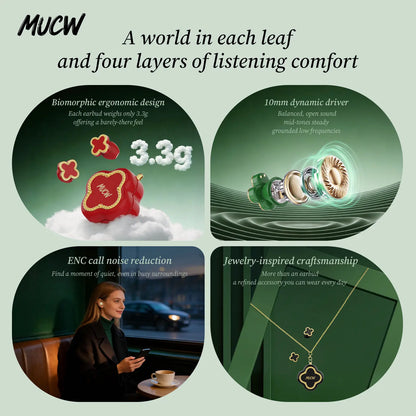 MUCW Four-Leaf Clover Wireless In-Ear Earbuds Bluetooth 6.0 Noise Reduction for Calls Long Battery Life Compatible with Android and Ios Ideal Gift for Girls Designed Specifically for Women
