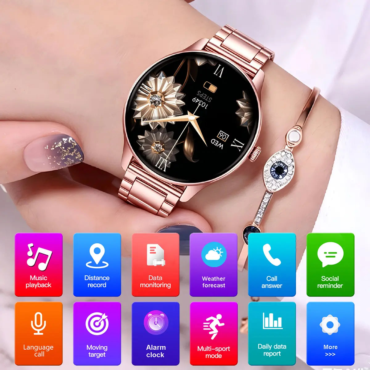 New Female Smartwatch, 1.53-Inch Full-Touchscreen Fitness Tracker, Capable of Answering Calls, Heart Rate and Blood Oxygen Monitor, IP68 Waterproof, Sleep and Activity Tracking Smartwatch, Compatible with Iphone and Android Phones, Fan