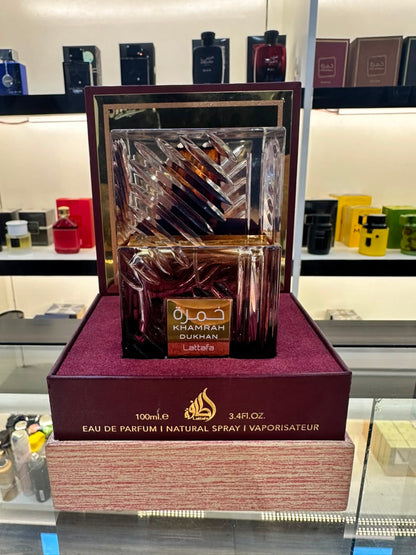 Lattafa Khamrah Dukhan — Eau de Parfum 100ml | Fragancia Árabe de Lujo con Estuche Terciopelo. Para Hombre