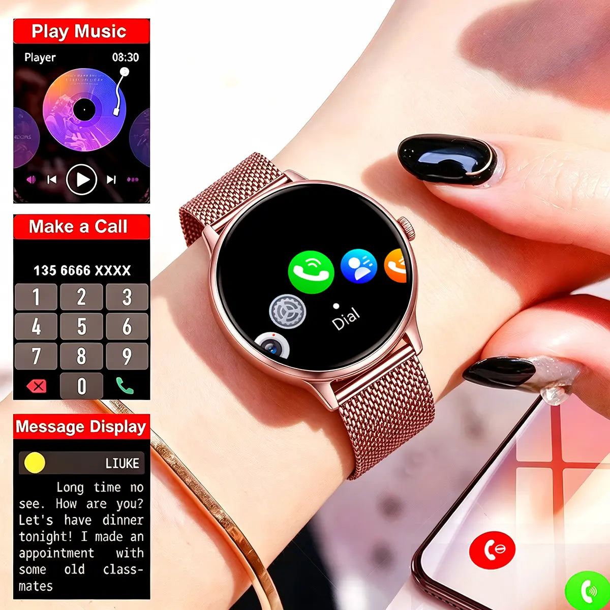 New Female Smartwatch, 1.53-Inch Full-Touchscreen Fitness Tracker, Capable of Answering Calls, Heart Rate and Blood Oxygen Monitor, IP68 Waterproof, Sleep and Activity Tracking Smartwatch, Compatible with Iphone and Android Phones, Fan