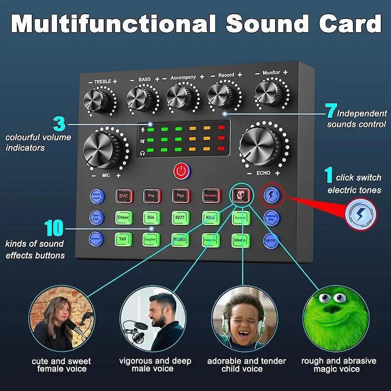 V8S Audio Mixer with Voice Changer,Podcast Mixer,Sound Card for Phone Gaming Karaoke Studio Live Streaming Podcast, Live Sound Cards