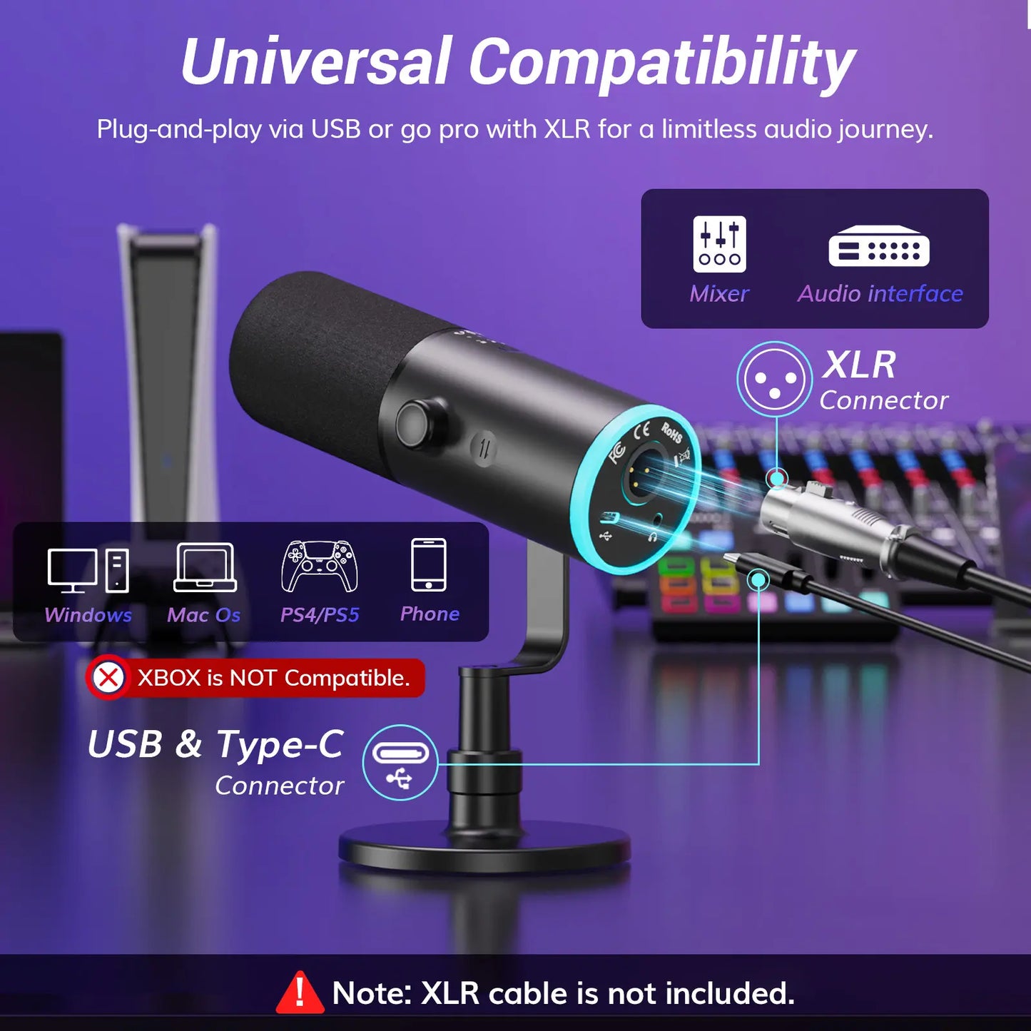 TONOR Dynamic Gaming Microphone, XLR/USB Mic Streaming, AI Noise Cancellation, Controlable RGB, Tap Mute, 3.5Mm Headphone Jack, Volume Control, Microfono with Desktop Stand, Black, TD510 AIR S