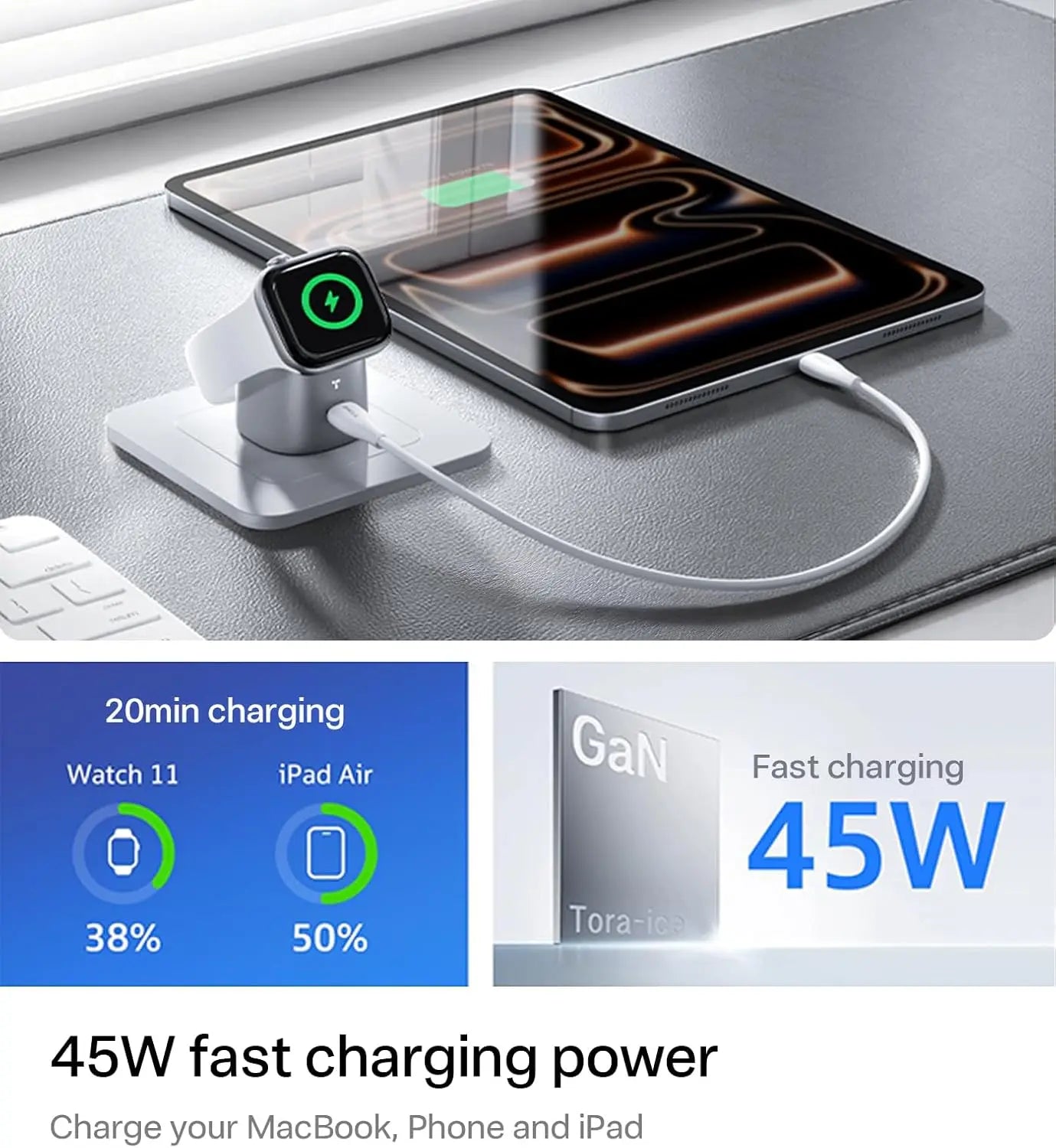 TORRAS Flasheye 2-In-1 Gan 45W USB-C Wall Charger Block - Fast Charging for Apple Watch, Iphone 17/16/15, Macbook, 90° Foldable, Space Grey