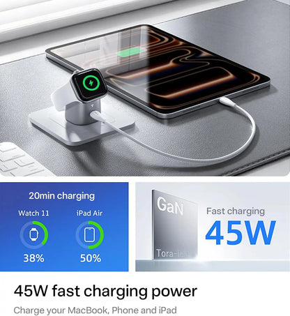 TORRAS Flasheye 2-In-1 Gan 45W USB-C Wall Charger Block - Fast Charging for Apple Watch, Iphone 17/16/15, Macbook, 90° Foldable, Space Grey