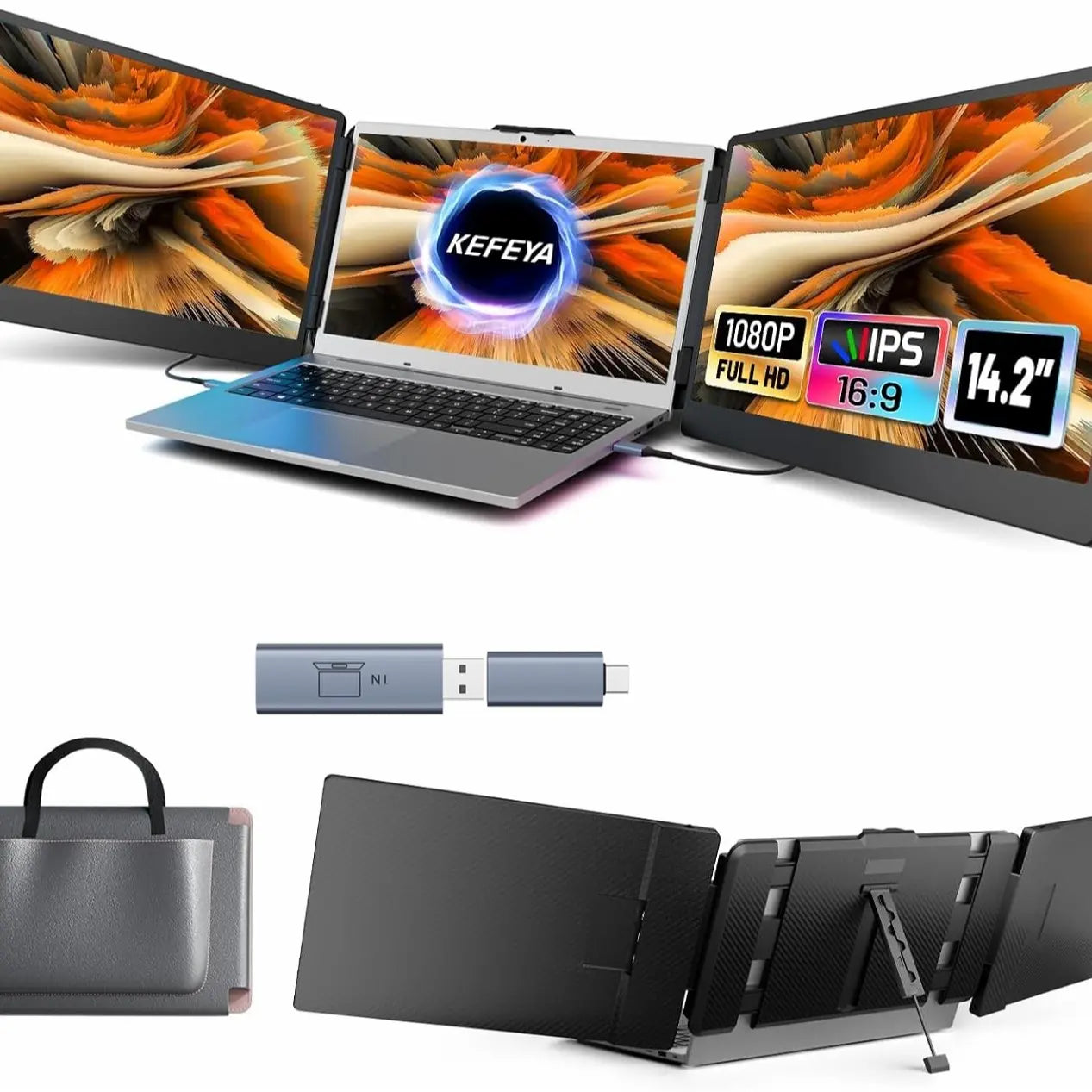 KEFEYA Laptop Screen Extender, 14.2" Portable Triple Monitor for Laptop with Full HD IPS FHD Display, Monitor Extender Compatible with Mac, Windows, Chrome, Fits 13-17 Inch Laptops Summerwins Computer Accessory,Summerwins