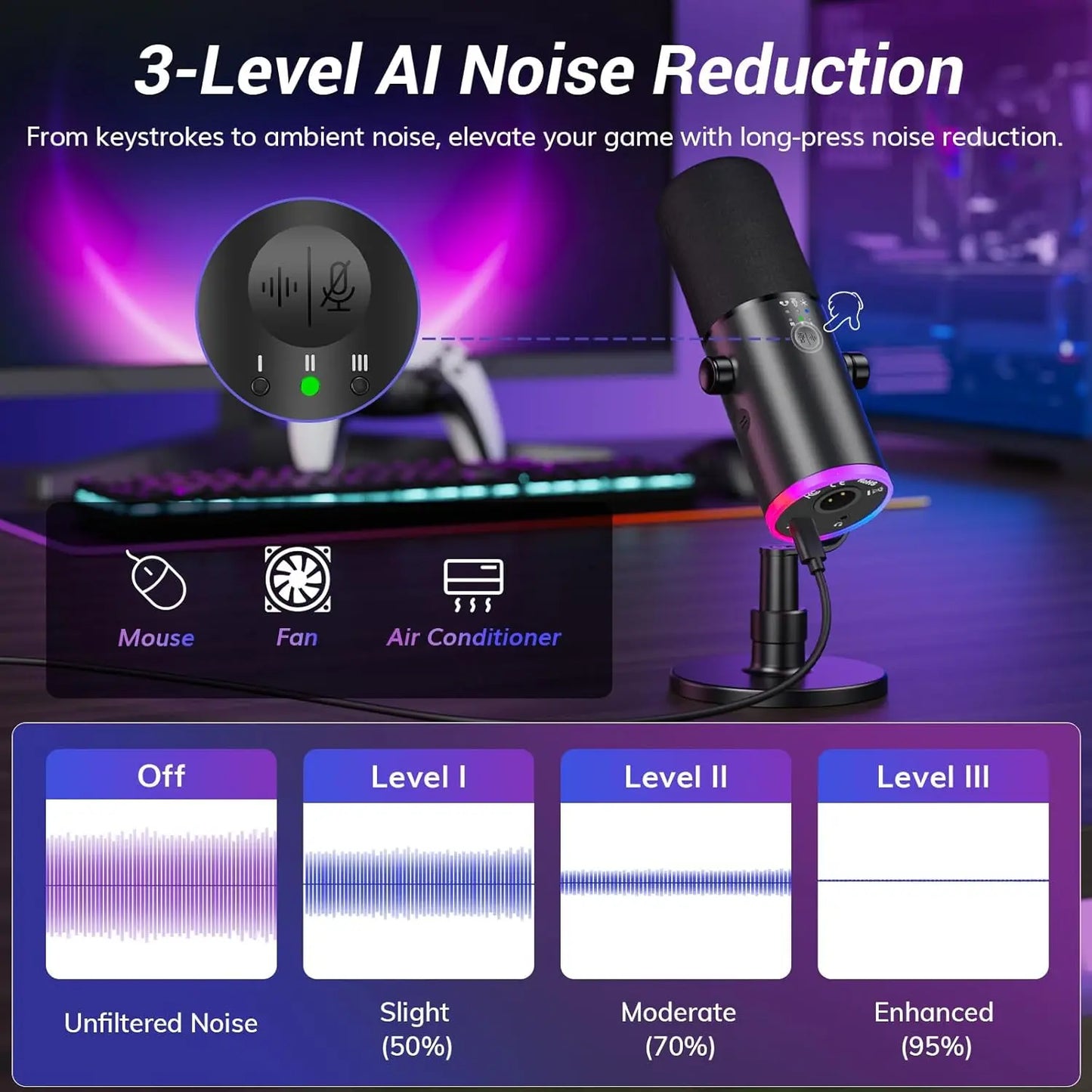 TONOR Dynamic Gaming Microphone, XLR/USB Mic Streaming, AI Noise Cancellation, Controlable RGB, Tap Mute, 3.5Mm Headphone Jack, Volume Control, Microfono with Desktop Stand, Black, TD510 AIR S