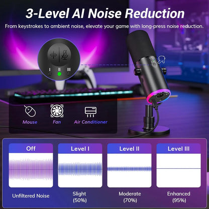 TONOR Dynamic Gaming Microphone, XLR/USB Mic Streaming, AI Noise Cancellation, Controlable RGB, Tap Mute, 3.5Mm Headphone Jack, Volume Control, Microfono with Desktop Stand, Black, TD510 AIR S