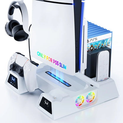 PS5 Controller Charging Dock & Cooling Stand — Stylish Vertical Gaming Accessory Featuring Integrated Cooling Fans, Dual Charging Capability, "Breathing" LED Lighting Effects, Broad Compatibility, and Game Console Stand Functionality
