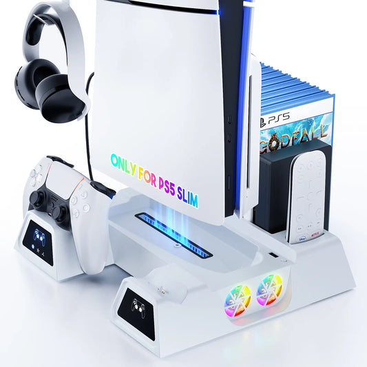 PS5 Controller Charging Dock & Cooling Stand — Stylish Vertical Gaming Accessory Featuring Integrated Cooling Fans, Dual Charging Capability, "Breathing" LED Lighting Effects, Broad Compatibility, and Game Console Stand Functionality