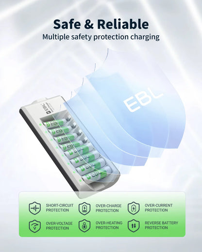 EBL AA AAA Rechargeable Batteries with Upgraded 808 Individual Charger, 1.2V 2800Mah Double a Batteries,Long Lasting Recharerble AA AAA Ni-Mh Battery with Integrated Charing Storage Box