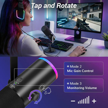 TONOR Dynamic Gaming Microphone, XLR/USB Mic Streaming, AI Noise Cancellation, Controlable RGB, Tap Mute, 3.5Mm Headphone Jack, Volume Control, Microfono with Desktop Stand, Black, TD510 AIR S