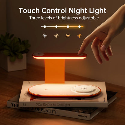 4-In-1 Wireless Charging Station with LED Night Light, Fast Wireless Charger Stand for Multiple Devices, Compatible with Iphone, Apple Watch, Airpods, All-In-One Charger Dock for Nightstand